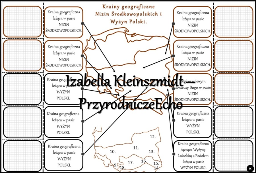 Notatka okienkowa/stacja zadaniowe/notatka interaktywna/notatka graficzna/karta pracy/sketchnotka „Krainy geograficzne na mapie Polski”, „Ukształtowanie powierzchni Polski” w pdf do SP. Geografia 7, dział „Środowisko przyrodnicze Polski”. Materiał wykona