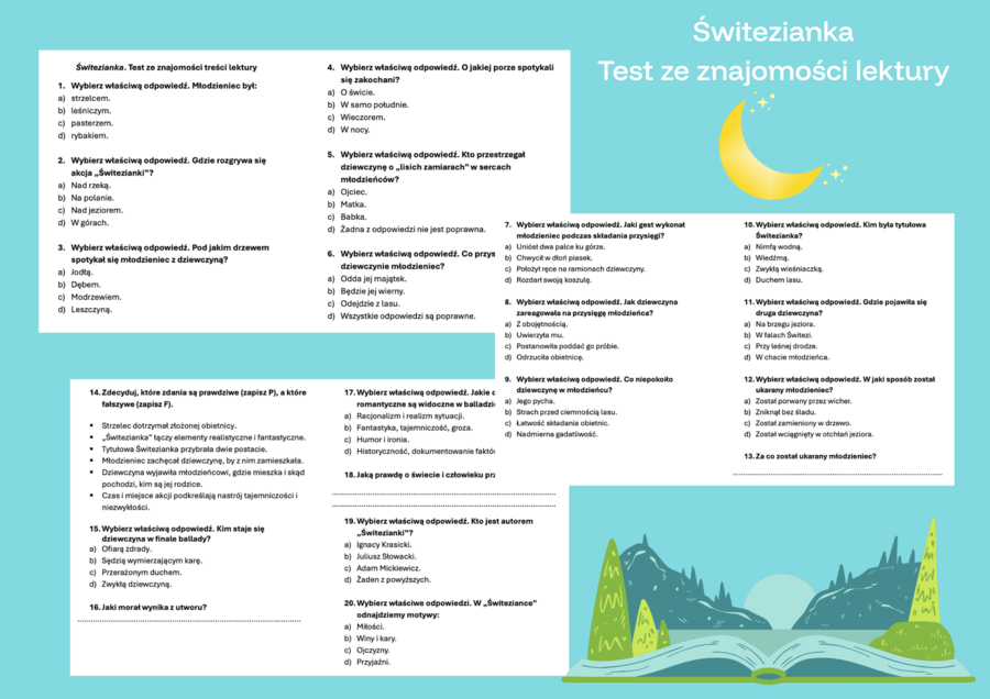 Świtezianka - test ze znajomości treści lektury