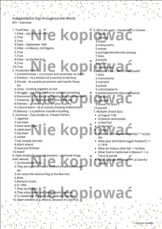 Independence Day throughout the World - czytanka B1/B2
