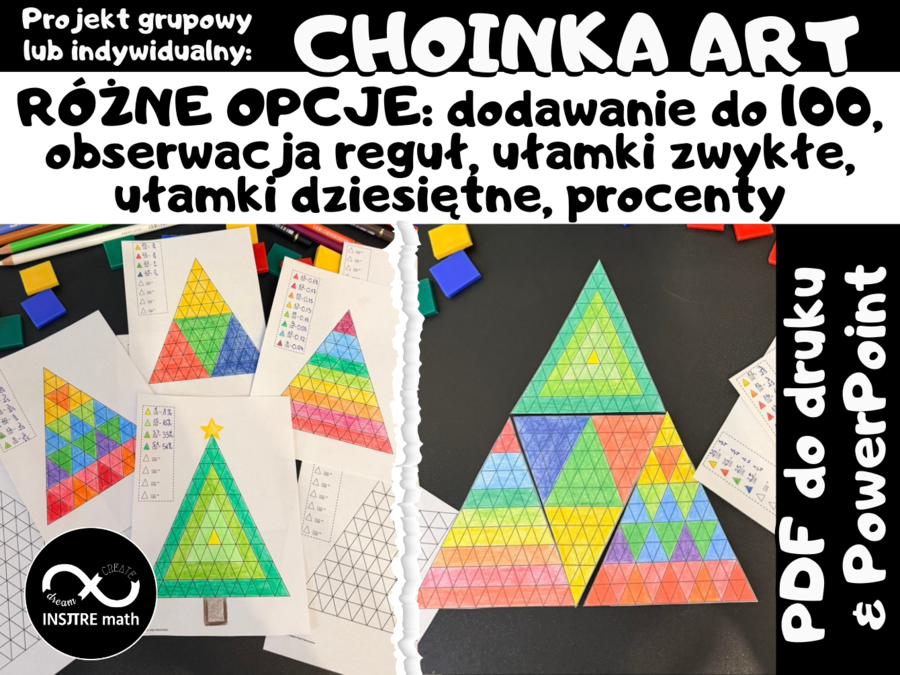 Projekt grupowy lub indywidualny: Choinka Art. Różne opcje: dodawanie do 100, obserwacja reguł, ułamki zwykłe, ułamki dziesiętne, procenty. Matematyczne Święta Bożego Narodzenia.