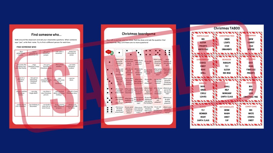 Christmas Games & Activities – Zestaw 35 stron świątecznych materiałów SP 4–6 | Vocabulary, Grammar A1–A2 (odmiana to be, There is / There are, have got / has got, Present Simple, Present Continuous), Reading, Speaking, TABOO, Boardgame, Worksheets i WIĘ