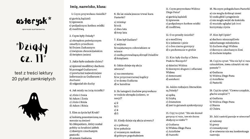 Adam Mickiewicz "Dziady cz. II" - test z treści lektury