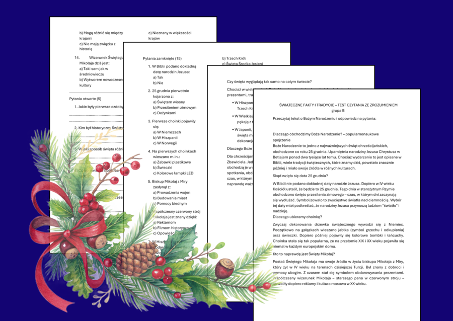 🎄Świąteczne fakty i tradycje – test dla klas 4–6 - 🌟Boże Narodzenie - CZYTANIE ZE ZROZUMIENIEM - 2 grupy + odpowiedzi