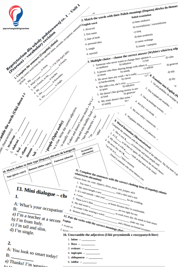Repetytorium dla szkoły podstawowej cz. 1 (Pearson) – Unit 1 - vocabulary revision