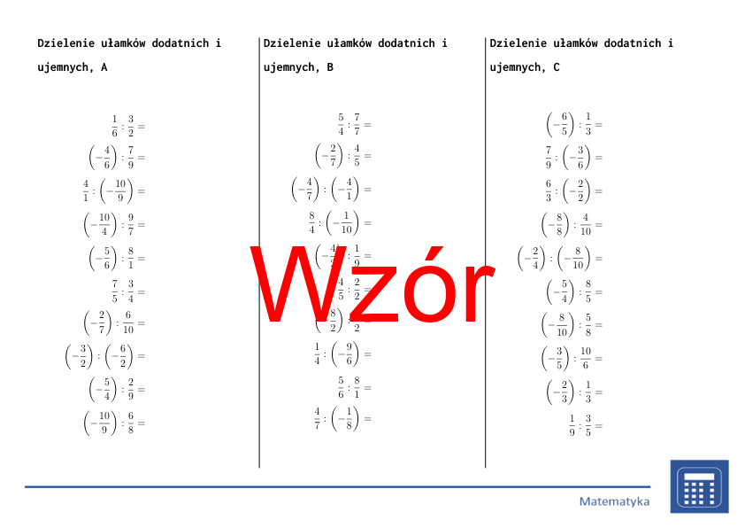 Dzielenie ułamków dodatnich i ujemnych | matematyka | 26 kolumn