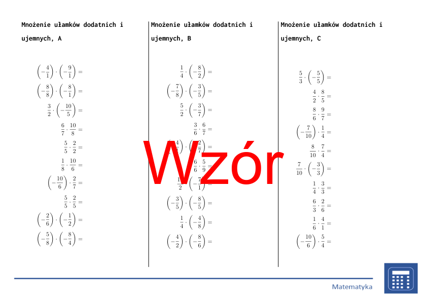 Mnożenie ułamków dodatnich i ujemnych | matematyka | 26 kolumn
