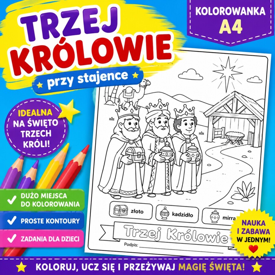 Kolorowanka. Trzej królowie przy stajence