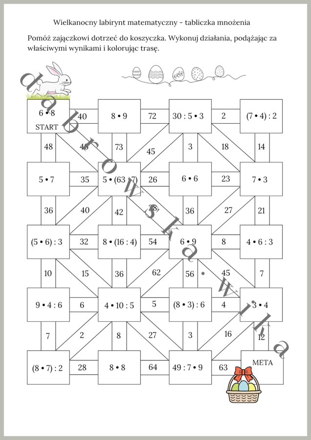 Wielkanocny labirynt matematyczny - tabliczka mnożenia