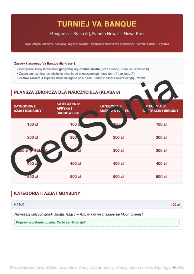 Gra Va Banque geografia klasa 8
