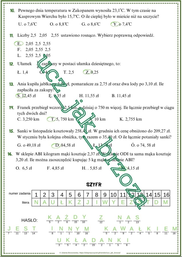 Ułamki dziesiętne, klasa 4, powtórzenie wiadomości, karta pracy z hasłem, rewalidacja, dzień tolerancji