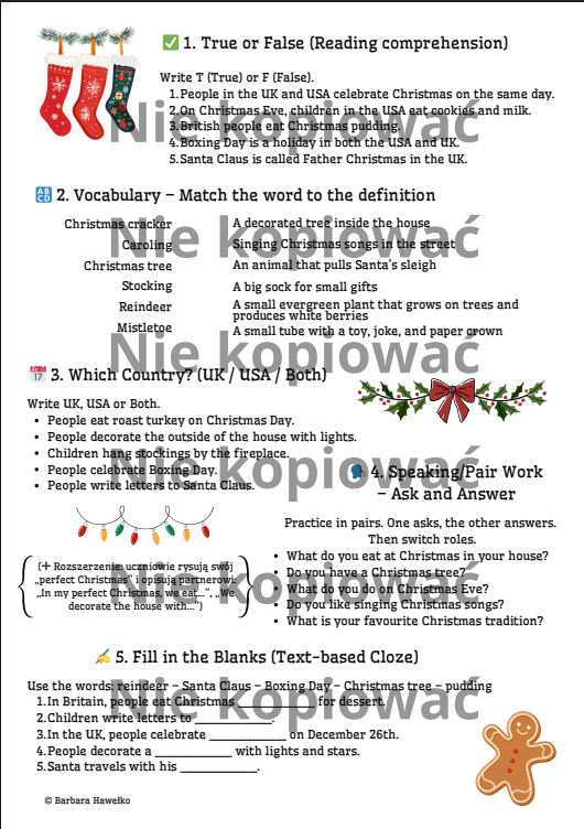 Christmas Traditions in Great Britain and the USA – karta pracy z czytanką A2