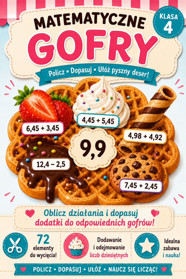 🧇 Matematyczne Gofry – dodawanie i odejmowanie liczb dziesiętnych | ułamki I Wycinanka matematyczna | Klasa 4