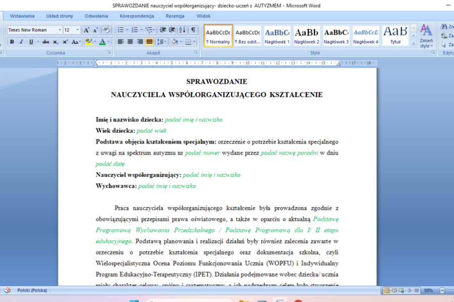Sprawozdanie nauczyciela WSPÓŁORGANIZUJĄCEGO- dziecko z AUTYZMEM