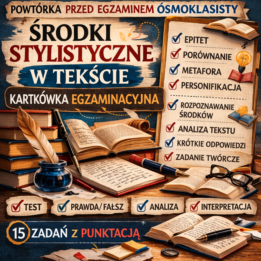 📚 Środki stylistyczne w tekście – kartkówka egzaminacyjna | powtórka przed egzaminem ósmoklasisty (15 zadań)