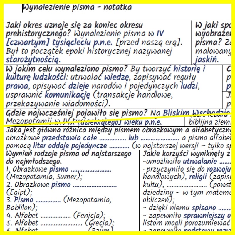 Wynalezienie pisma – notatka i karta pracy
