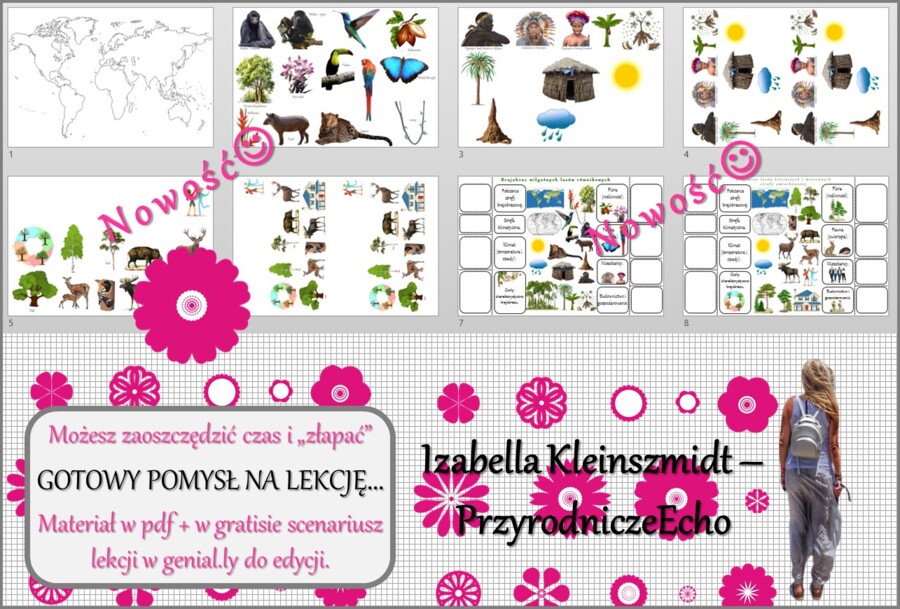 Pomysł na lekcję/karta pracy/stacje zadaniowe/notatki/ materiał do lekcji do tematu „W wilgotnym lesie równikowym i w lesie strefy umiarkowanej.” w pdf. W gratisie niekomercyjny scenariusz lekcji/pomysł na lekcję w programie genial.ly do edycji. Geografi