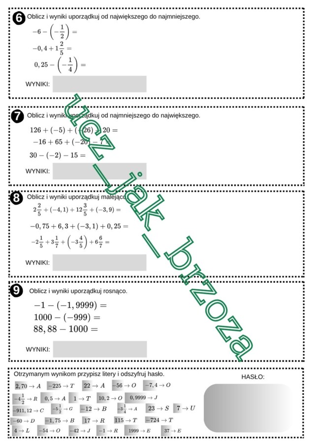 Liczby dodatnie i ujemne, dodawanie i odejmowanie, klasa 6, praca w grupach