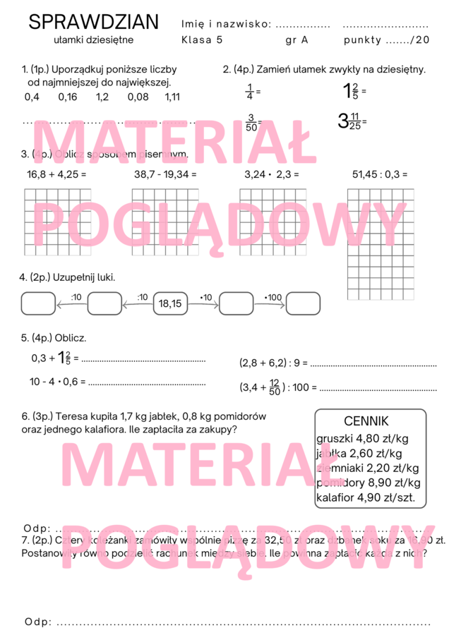 Sprawdzian. Karta pracy. Ułamki dziesiętne. Klasa 4. Klasa 5. Klasa 6.