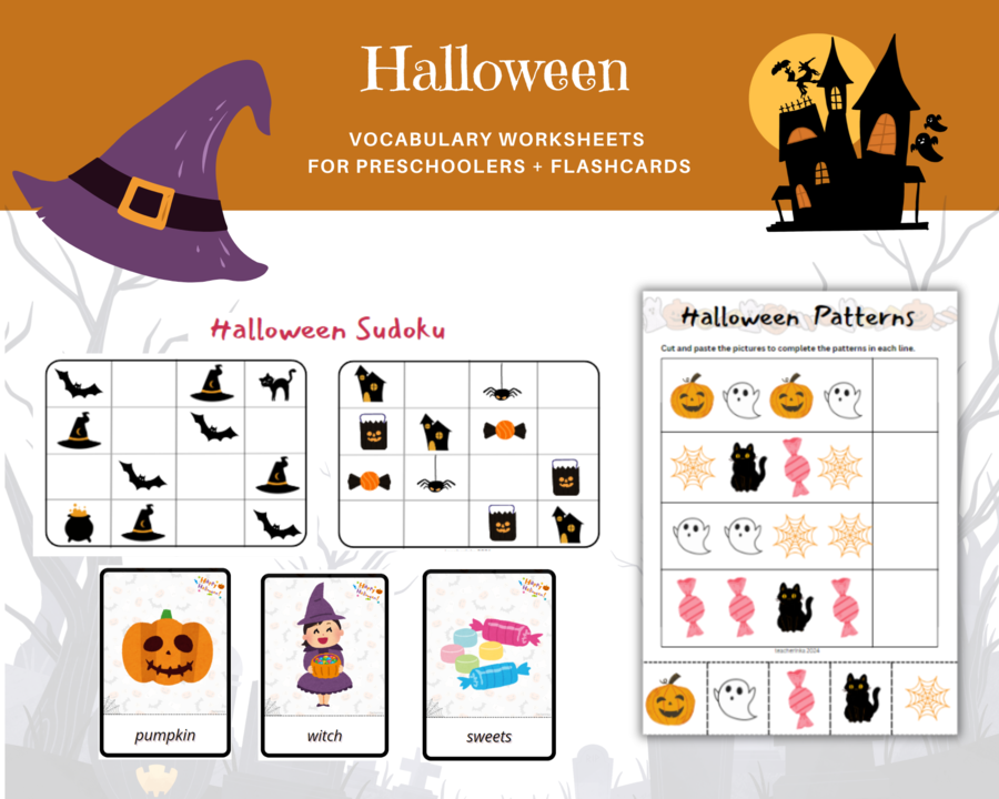 Halloween for Preschoolers Worksheets + Flashcards - Halloween dla przedszkolaka, język angielski, karty pracy, karty obrazkowe