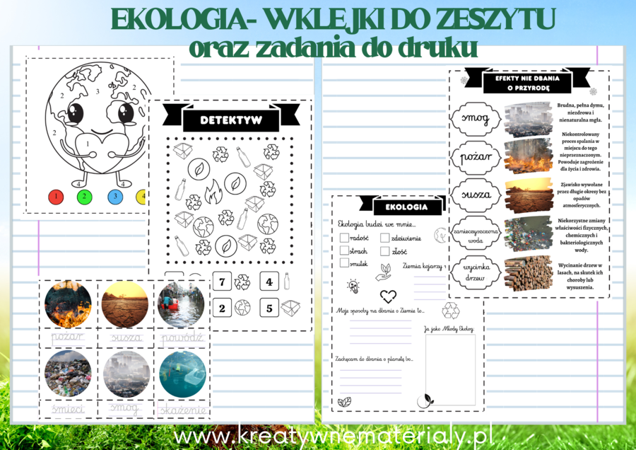 EKOLOGIA - DZIEŃ ZIEMI- wklejki o zeszytu, zadania do druku