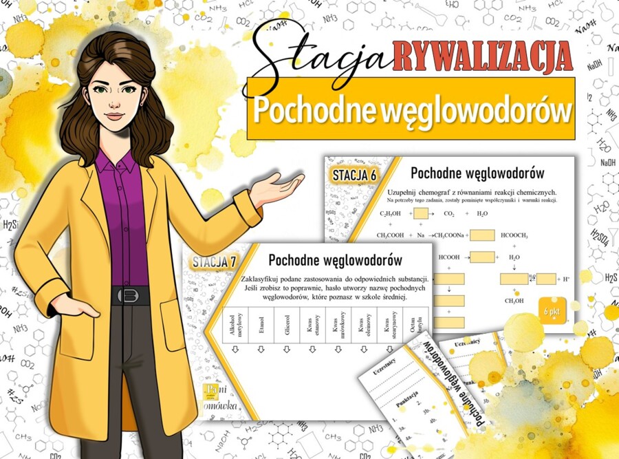 Stacja: RYWALIZACJA! Klasa 8. Chemia. Pochodne węglowodorów. Alkohole. Kwasy karboksylowe. Estry. Aminokwasy. Powtórzenie wiadomości. Stacje zadaniowe. Praca grupowa. Zadanie. Gra dydaktyczna. MOC powtórki.