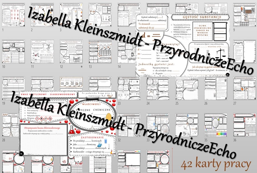 Chemiczne karty pracy dla klasy 7 w formacie pptx. Materiał zawiera 42 karty pracy do samodzielnego uzupełniania
