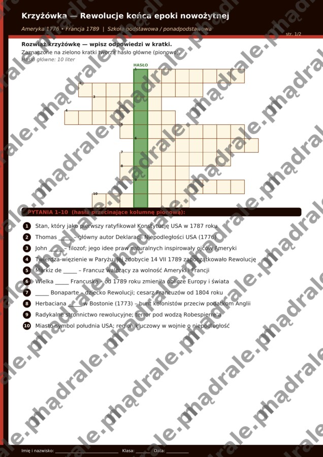 Krzyżówka „Rewolucje końca epoki nowożytnej” + klucz odpowiedzi