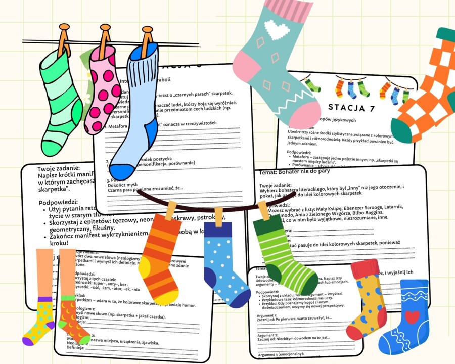 Dzień Kolorowych Skarpetek- stacje zadaniowe na lekcję języka  polskiego