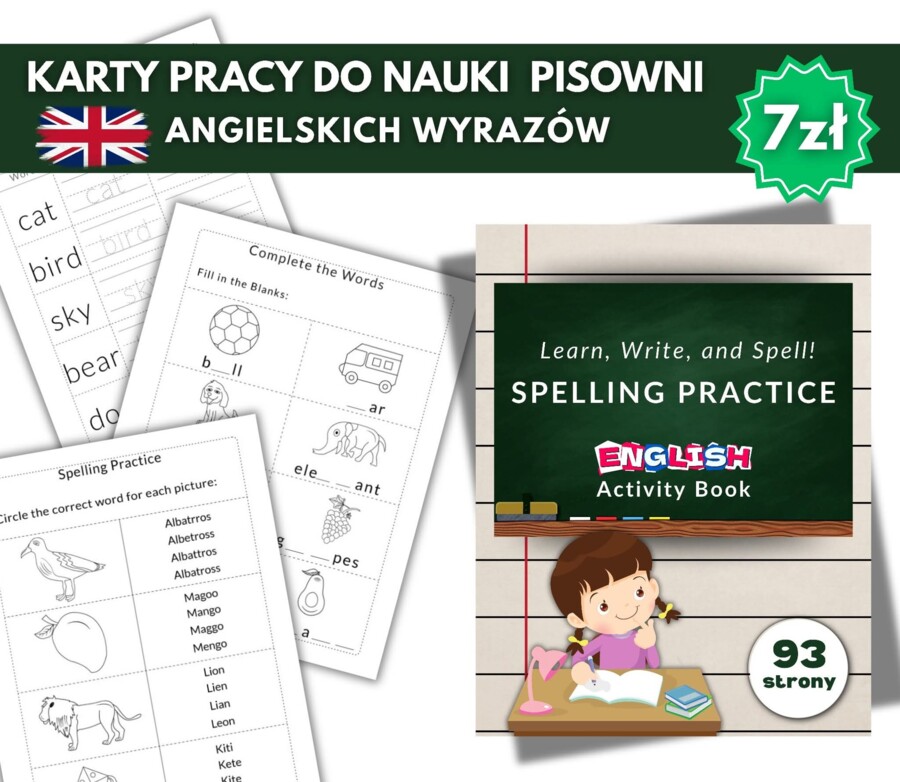 🧑‍🏫🇬🇧Zeszyt ćwiczeń do nauki poprawnej pisowni angielskich wyrazów🇬🇧🧑‍🎓Ponad 90 str PDF 🩷