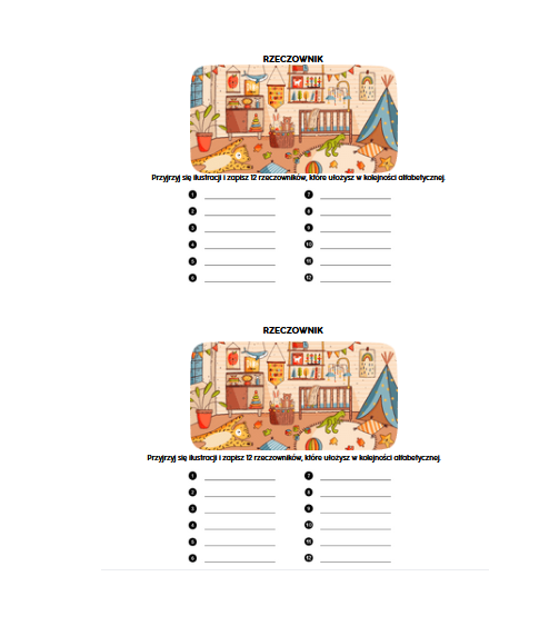 Rzeczownik - kolejność alfabetyczna - karta pracy