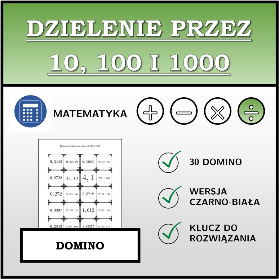 Domino - Dzielenie przez 10, 100 i 1000 | matematyka