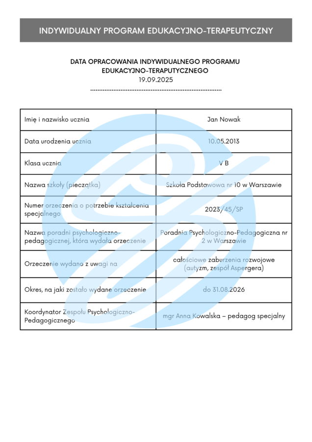 IPET – przykład dla ucznia z autyzmem w klasie 5
