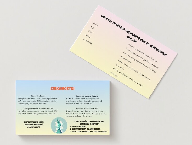 Tradycje obdarowywania w różnych kulturach (Japonia, Indie, Chiny, Afryka, Europa). Symbolika i przesądy. Ciekawostki. Quiz. Memory. Karta pracy.