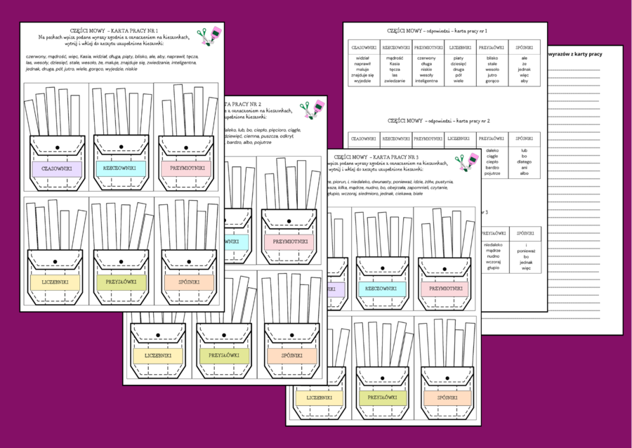 CZĘŚCI MOWY - czasownik - rzeczownik - przymiotnik - przysłówek - liczebnik - spójnik – wklejka – karta pracy – opowiadanie - 3 wersje + odpowiedzi