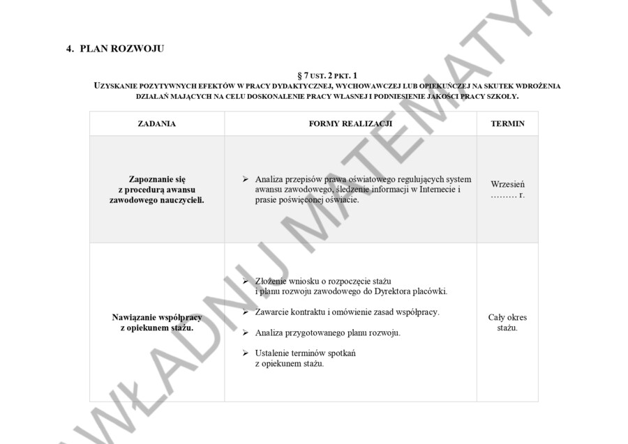 PLAN ROZWOJU NA STOPIEŃ NAUCZYCIELA MIANOWANEGO - STARE ZASADY