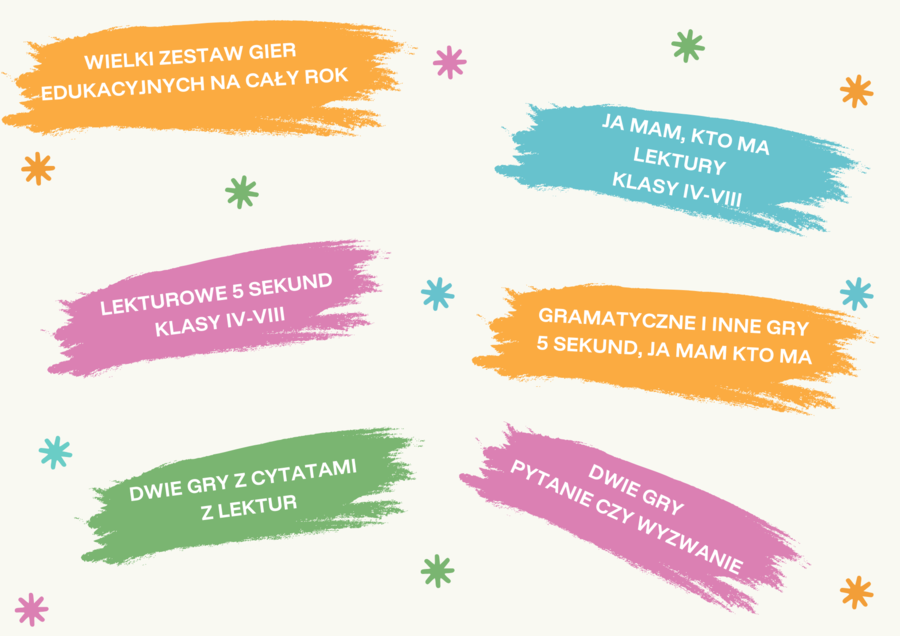 Zestaw gier karcianych na cały rok szkolny - Lekturowe 5 sekund, Ja mam, kto ma, pytanie czy wzywanie, gry z cytatami