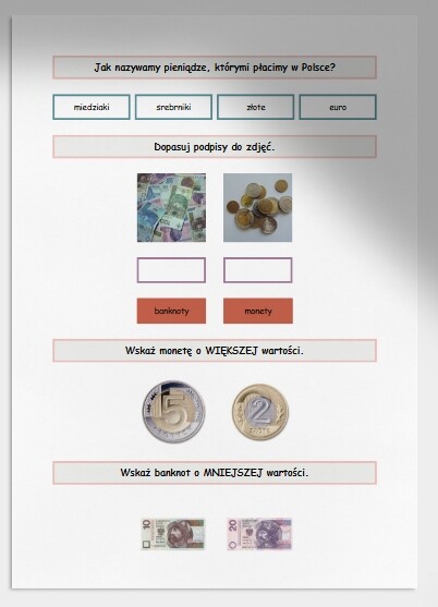 Banknoty i monety. Jaka to kwota? Karta pracy. Sprawdzian