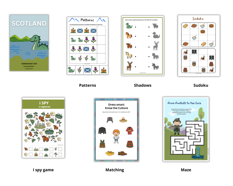 Discover Scotland - vocabulary bundle for preschoolers - Szkocja Kulturowe Karty Pracy dla uczniów przedszkola oraz zerówki przedszkolnej, Słownictwo dodatkowo karty obrazkowe