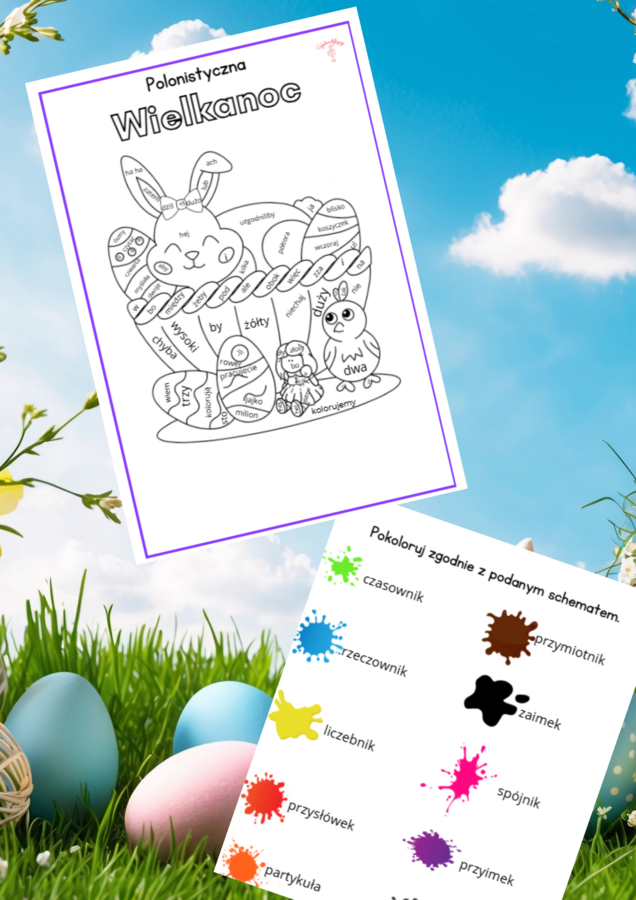 Części mowy - kolorowanka 2, Wielkanoc, karta pracy