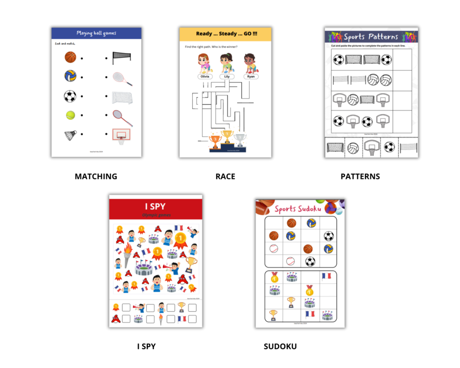 Sports Day, Olympic Games for preschoolers - karty pracy dla przedszkolaka, dzień sportu, igrzyska olimpijskie, sudoku, I spy, karty obrazkowe, flashcards, język angielski