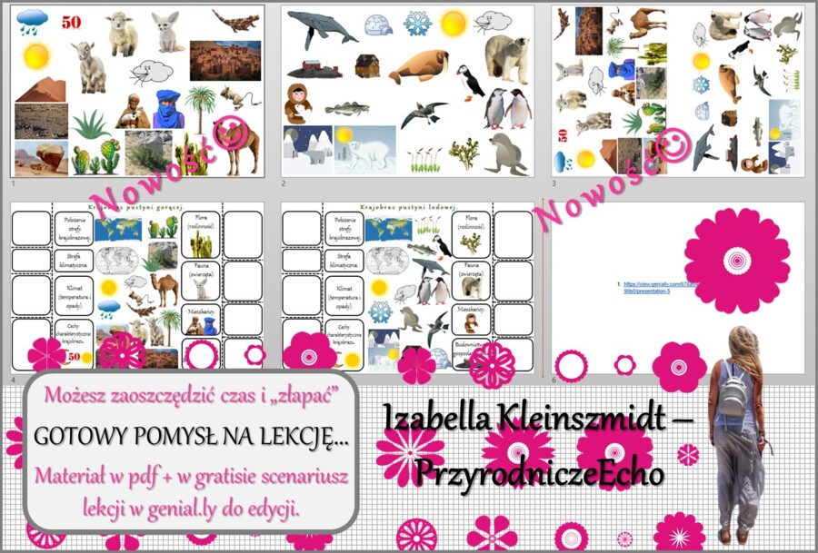 Pomysł na lekcję/karta pracy/stacje zadaniowe/notatki/ materiał do lekcji do tematu „Krajobrazy pustyń gorących i lodowych” w pdf. W gratisie niekomercyjny scenariusz lekcji/pomysł na lekcję w programie genial.ly do edycji. Geografia 5. Dział „Krajobrazy