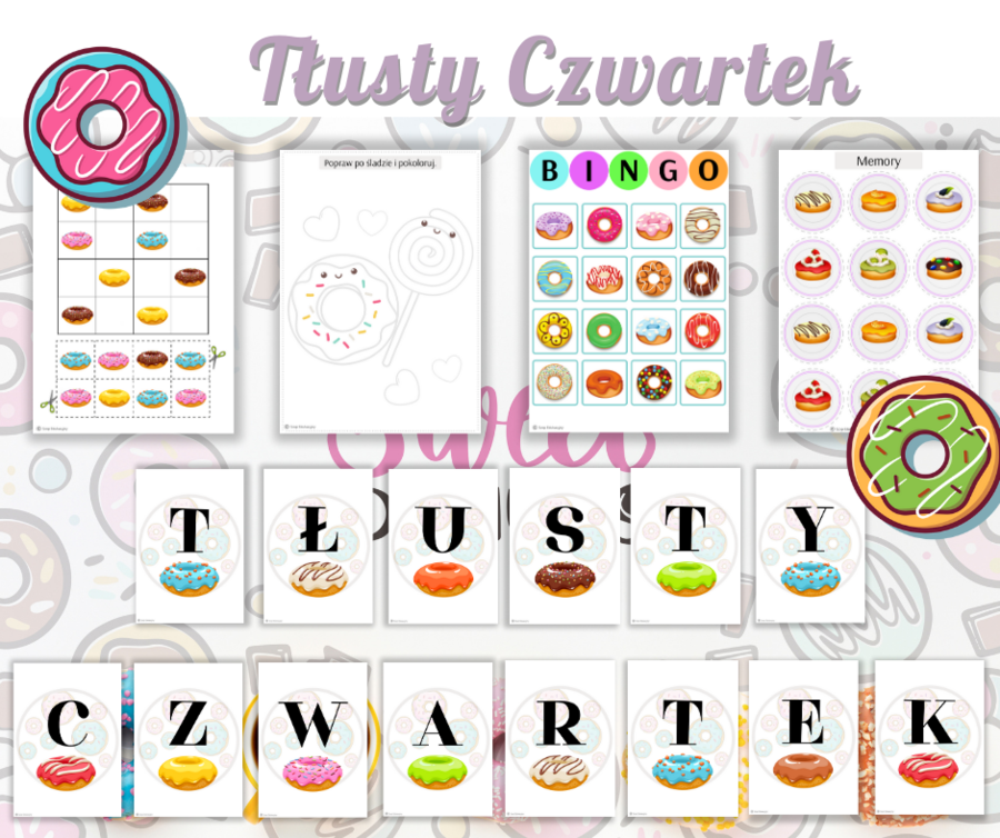 Tłusty Czwartek. Zestaw zadań. Bingo. Kolorowanki. Girlanda