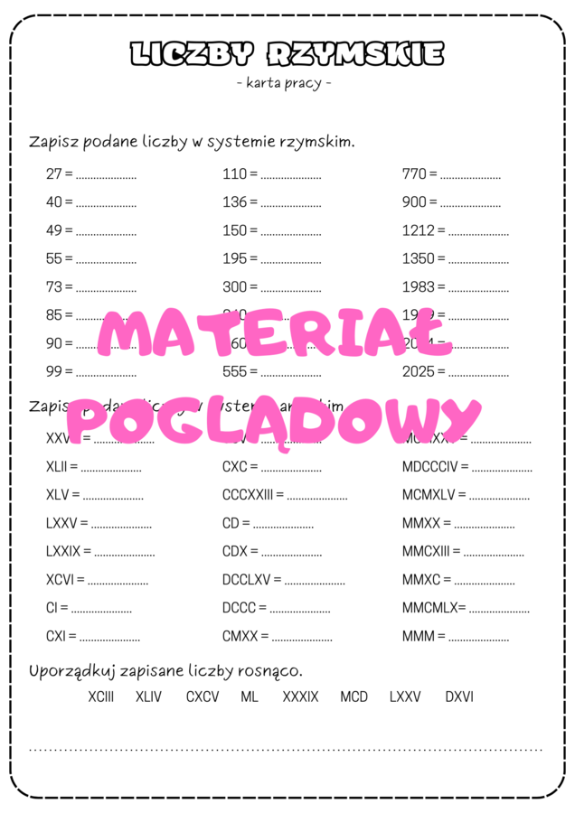 Liczby rzymskie - karta pracy. Egzamin ósmoklasisty.