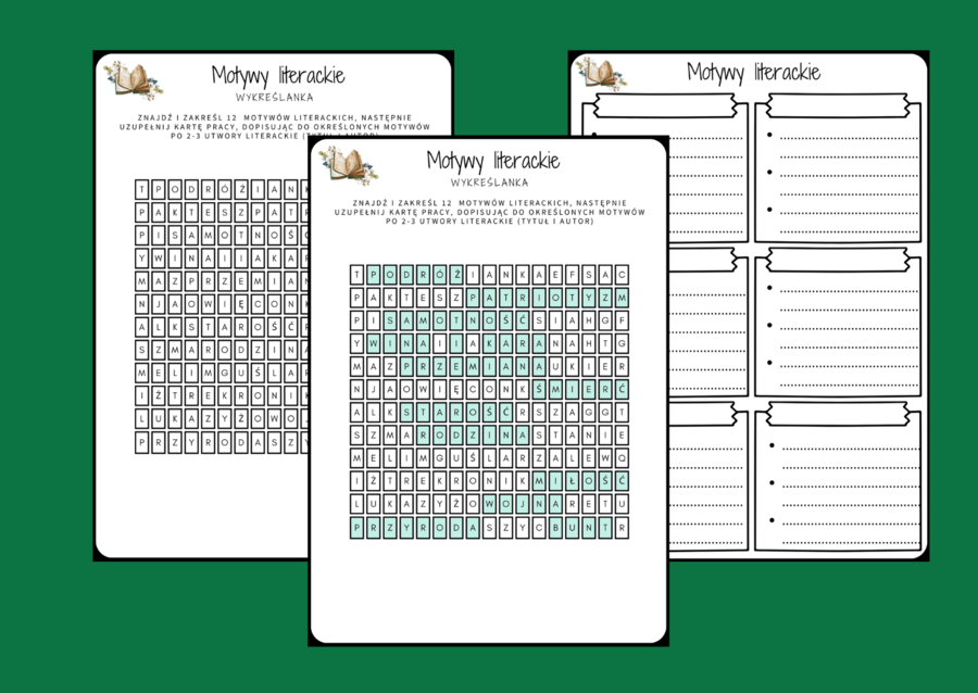 MOTYWY LITERACKIE - wykreślanka - karta pracy - powtórka - egzamin - lektury z kl.7-8 + odpowiedzi