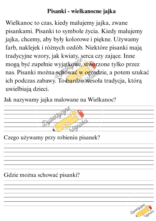 Czytanie ze zrozumieniem klasa 1. WIELKANOC. Teksty: Pisanki- wielkanocne jajka, Wielkanoc- czas radości, Wielkanocne kwiaty, Wielkanocne śniadanie, Wielkanocny koszyczek, Zajączek wielkanocny.