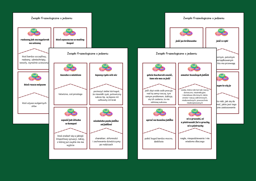 TŁUSTY CZWARTEK – jedzenie - frazeologizmy – ZWIĄZKI FRAZEOLOGICZNE – fiszki – 28 szt. - kl. 4-8 – egzamin – powtórzenie - ćwiczenia