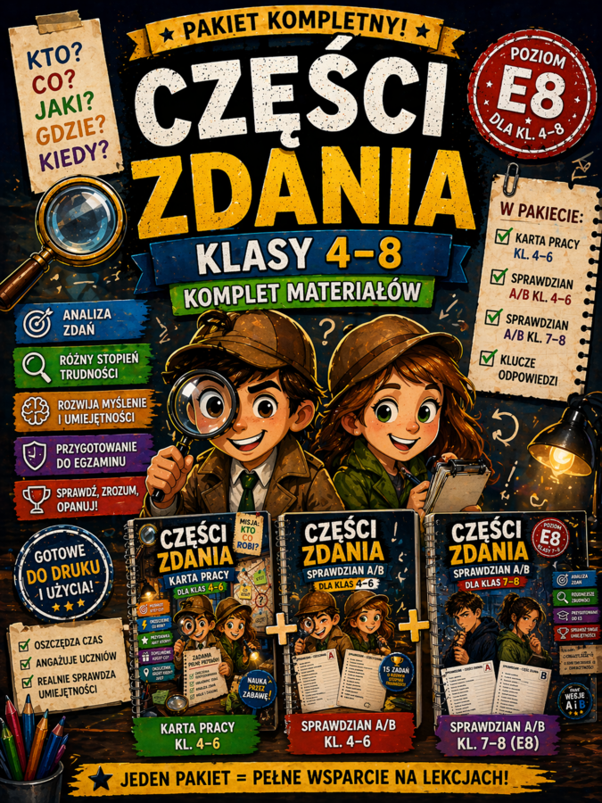 Części zdania – pakiet kl. 4–8 | karta pracy + sprawdziany A/B + klucz | E8