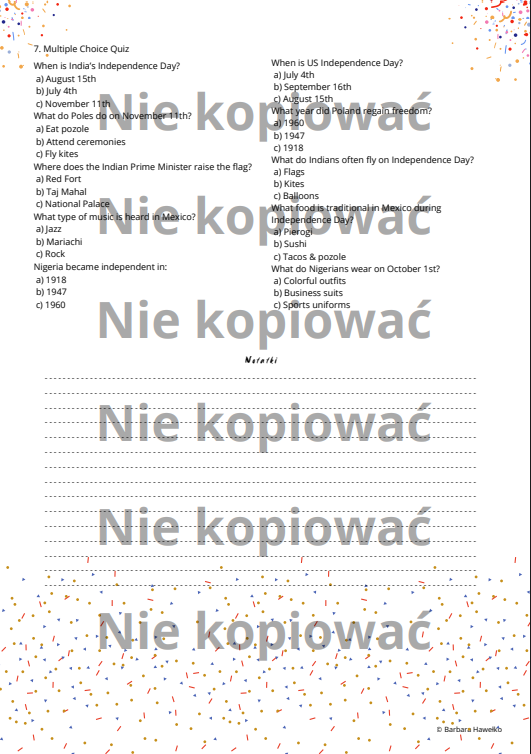 Independence Day throughout the World - czytanka B1/B2