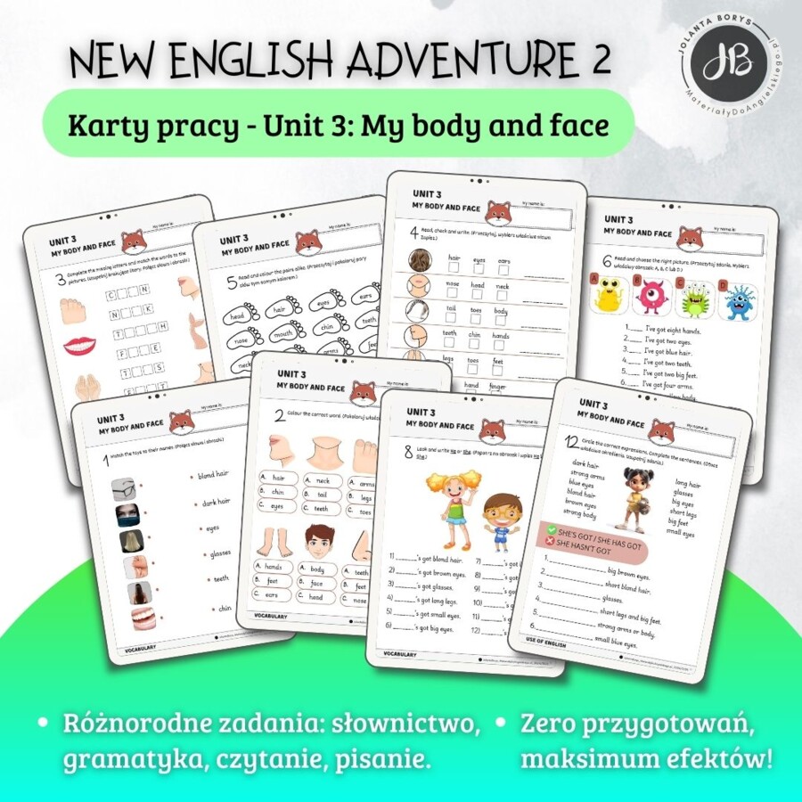 New English Adventure 2 – Unit 3: My body and face – Karty pracy dla klasy 2