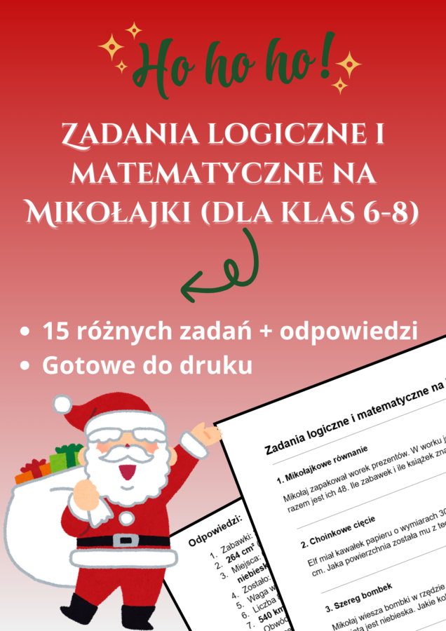 Zadania logiczne i matematyczne – Mikołajkowa zabawa! 🎅📚❄️szkoła podstawowa, klasy 6-8, święta, karta pracy